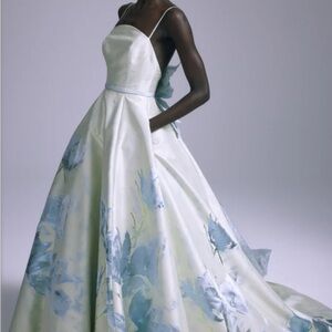 Amsale White and Blue Floral Wedding Dress